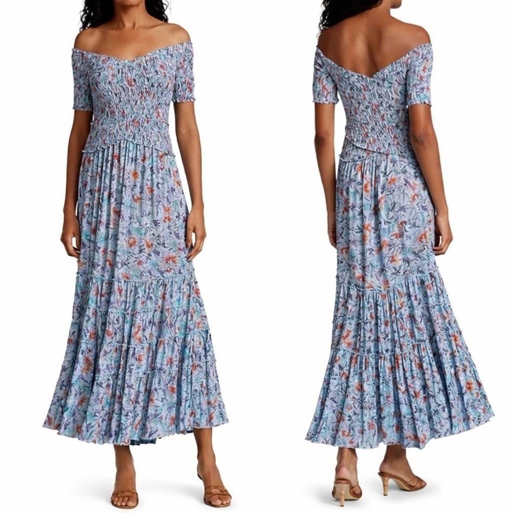 POUPETTE ST BARTH Soledad Maxi Dress Blue Red Floral‎ Off Shoulder Smocked S